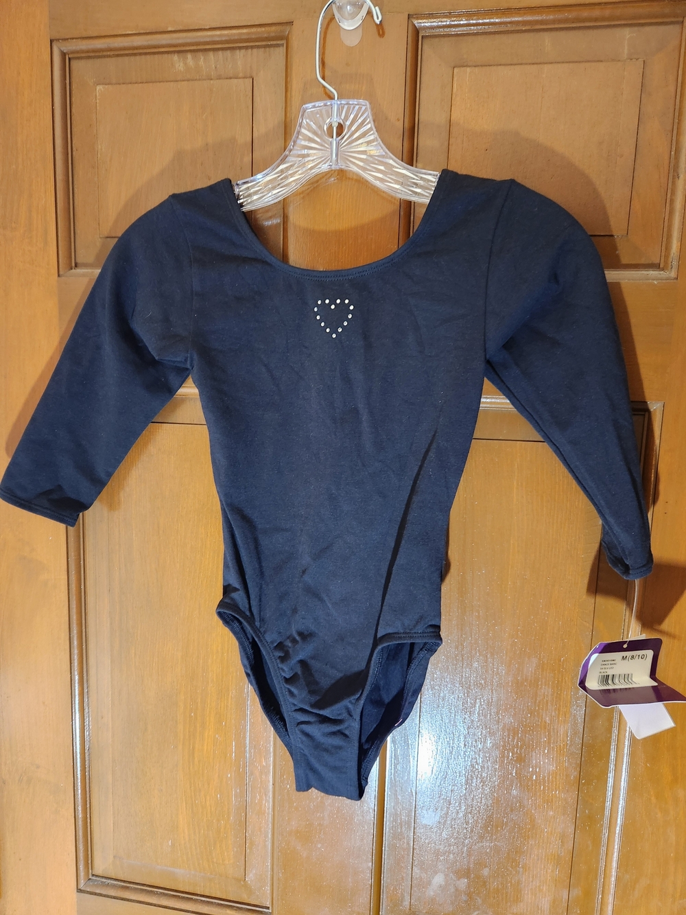 Just Imagine Girls Black Dance Leotard 3/4 Sleeve Rhinestone Heart M 8/10 NWT